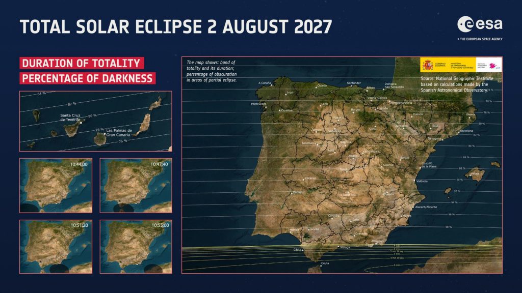 ESA map of Spain showing the path of totality for the 2 August 2027 total solar eclipse