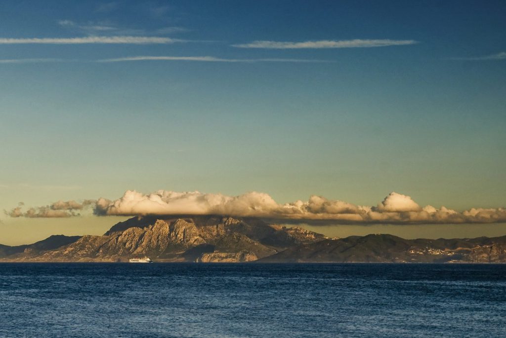The mountains of Morocco across the Strait of Gibraltar at sunset, seen from Tarifa